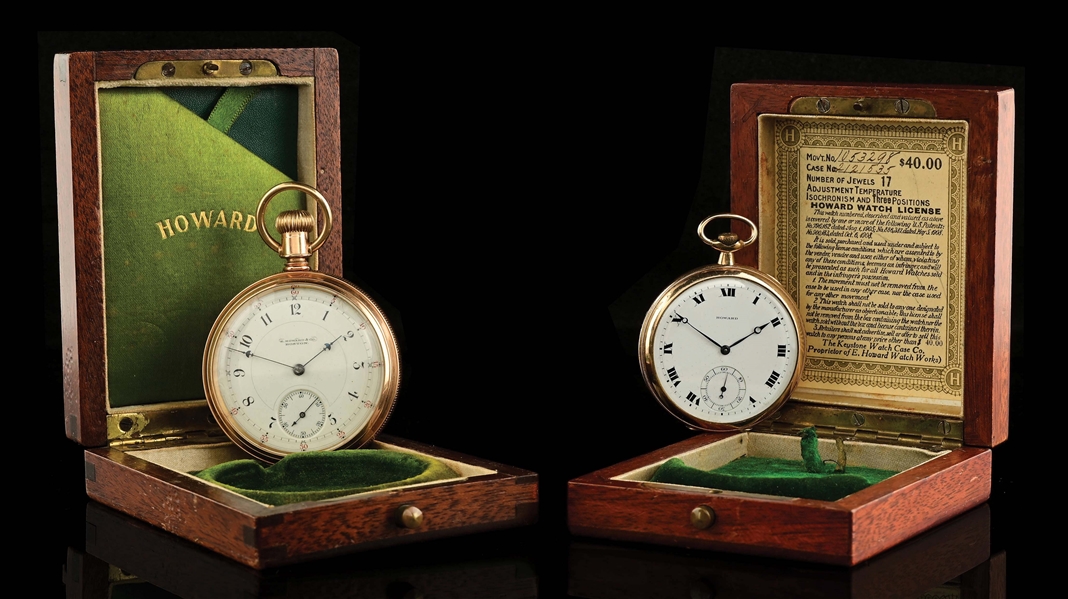 LOT OF 2: E. HOWARD OPEN FACE POCKET WATCHES W/ WOODEN BOXES.