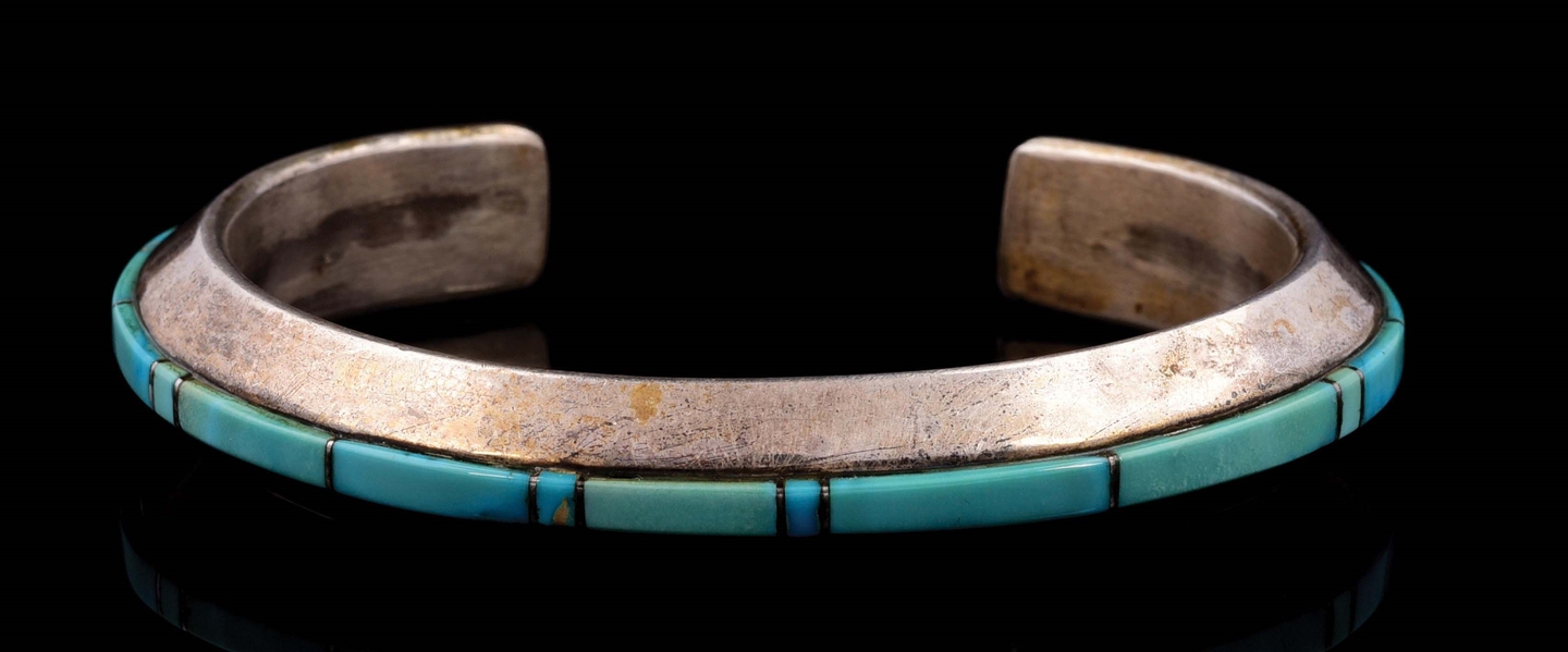 STERLING SILVER NAVAJO TURQUOISE CUFF BRACELET, MARKED "W.S".
