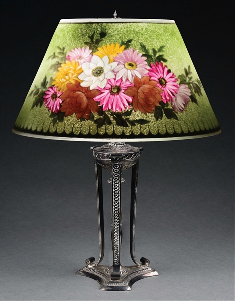 PAIRPOINT REVERSE PAINTED FLOWER BASKET TABLE LAMP.