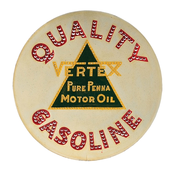 RARE VERTEX QUALITY GASOLINE & MOTOR OIL SINGLE 15" PUNCHED TIN LENS. 