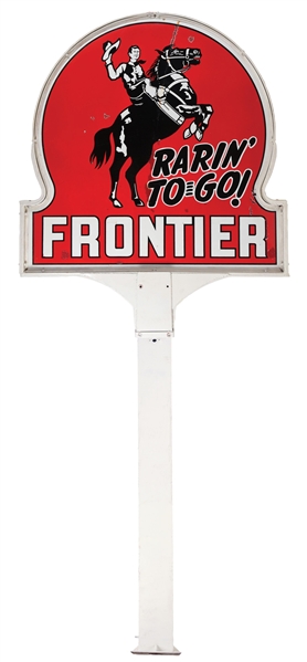 FRONTIER "RARIN TO GO" GASOLINE PORCELAIN SERVICE STATION SIGN W/ RING & POLE. 