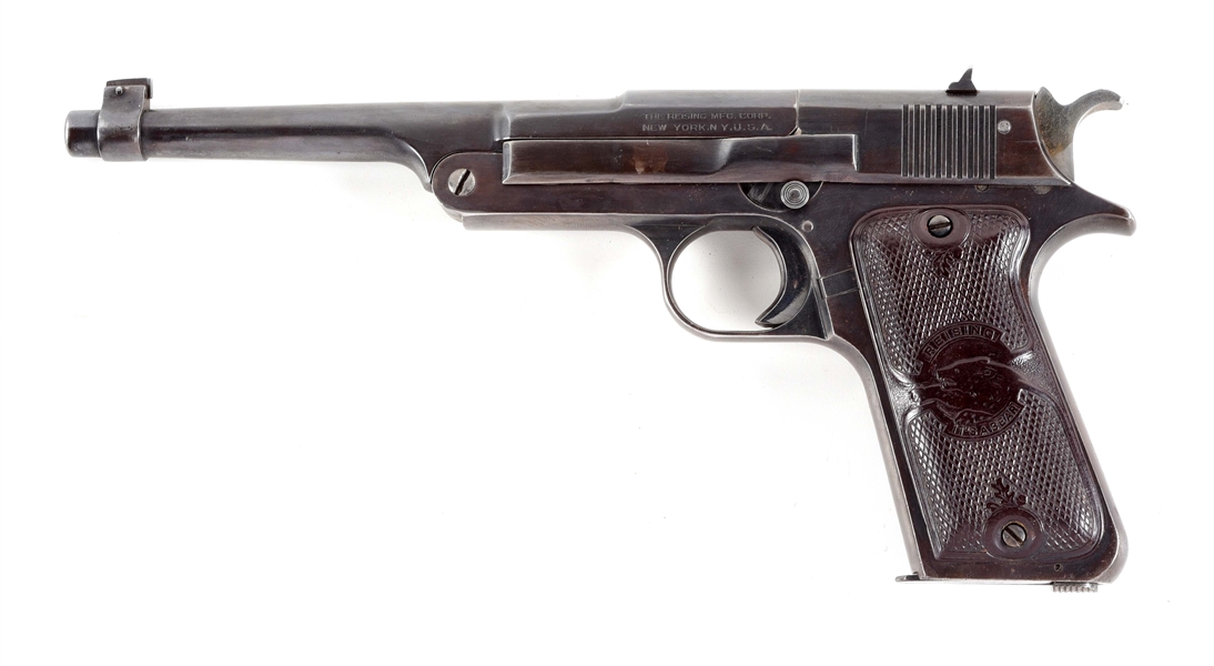 (C) REISING .22 LR SEMI-AUTOMATIC TARGET PISTOL WITH HOLSTER & SPARE MAGAZINE.