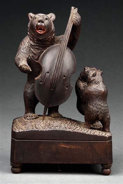BLACK FOREST BEAR & CUBS PLAYING CELLO MUSIC BOX.