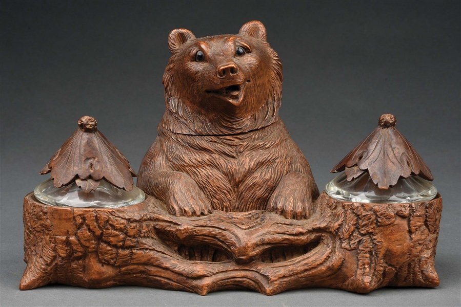 BLACK FOREST BEAR DOUBLE INKWELL & STAMP HOLDER.