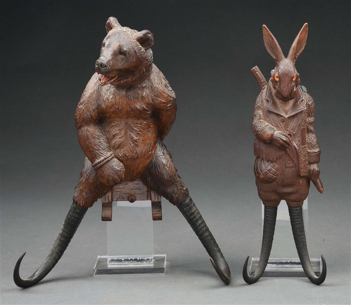 LOT OF 2: BLACK FOREST BEAR AND RABBIT WHIP OR COAT HOOK FIGURES.