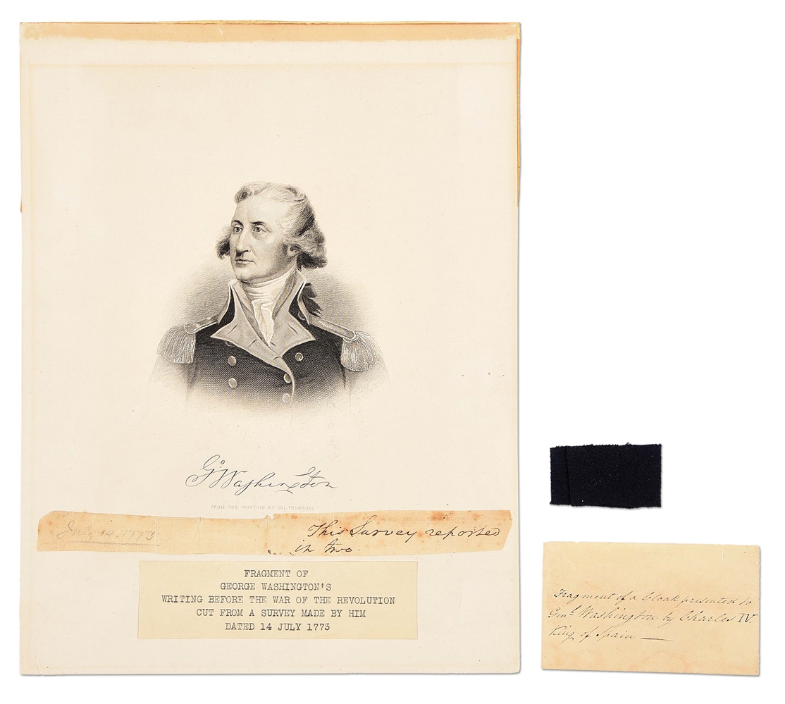 LOT OF 2: FRAGMENT OF CLOAK PRESENTED TO GEORGE WASHINGTON FROM KING CHARLES IV AND FRAGMENT OF GEORGE WASHINGTONS WRITING.