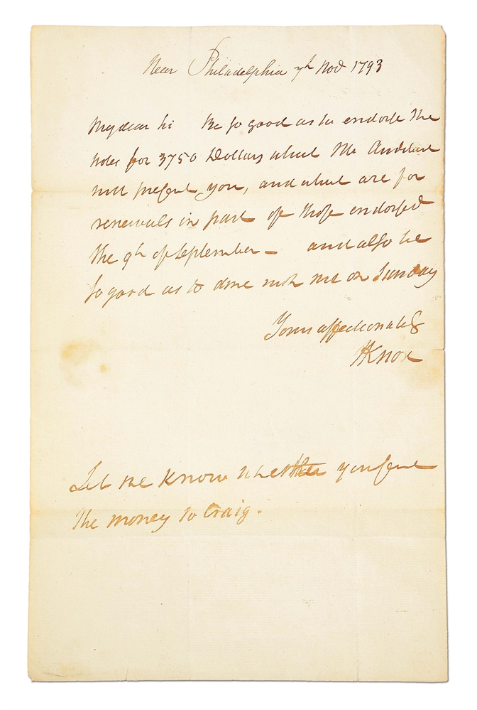 1793 AUTOGRAPH LETTER SIGNED BY HENRY KNOX.