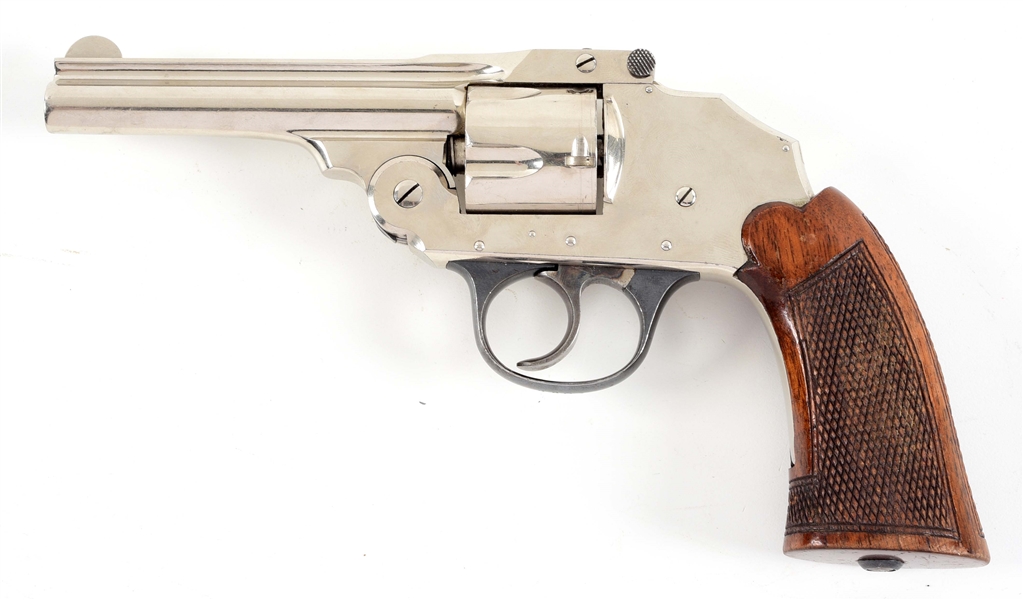 (C) NICKEL PLATED IVER JOHNSON ARMS & CYCLE WORKS SAFETY HAMMERLESS DOUBLE ACTION REVOLVER.