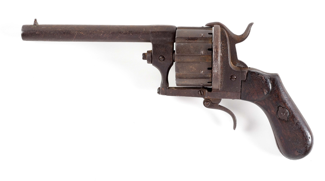 (A) LARGE UNMARKED FOLDING TRIGGER PINFIRE REVOLVER.