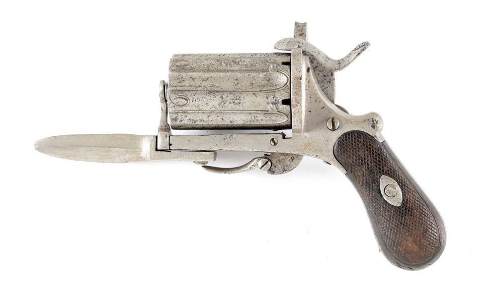 (A) UNMARKED FOLDING TRIGGER PINFIRE PEPPERBOX REVOLVER.