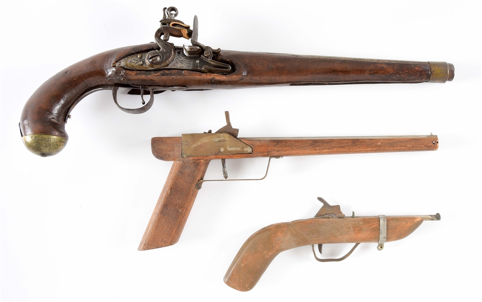 (A) LOT OF 3: FLINTLOCK AND TOY PISTOLS.