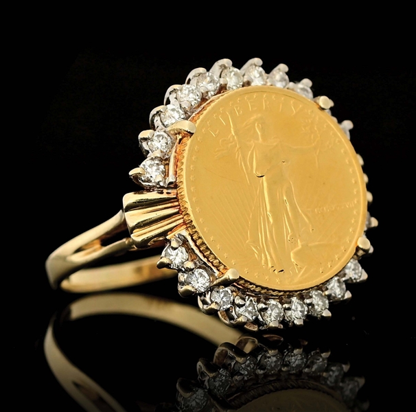 LADIES 14K GOLD & DIAMOND $5 US GOLD EAGLE COIN RING.