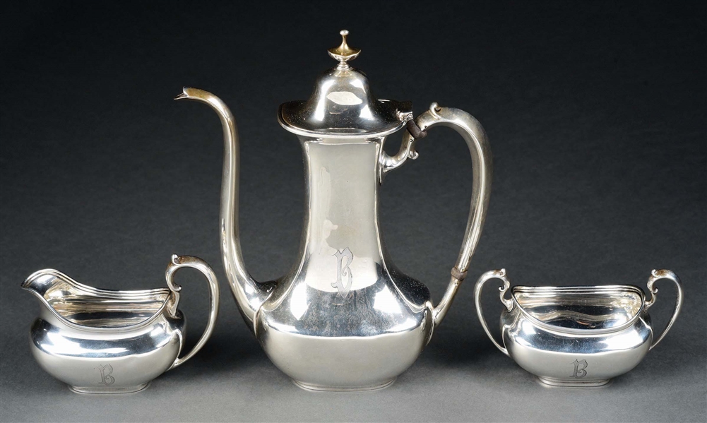 3-PIECE STERLING SILVER WHITING COFFEE POT, SUGAR, AND CREAMER SET.