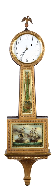 EARLY PAINTED TRIM BANJO CLOCK IN THE STYLE OF AARON WILLARD.