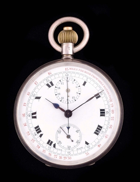 STERLING SILVER SWISS O/F POCKET WATCH WITH 1/4 MILE RACING CHRONOGRAPH.