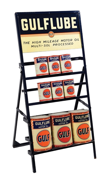 GULF "GULFLUBE" MOTOR OIL SERVICE STATION DISPLAY RACK W/ NINE ONE & FIVE QUARTS CANS.