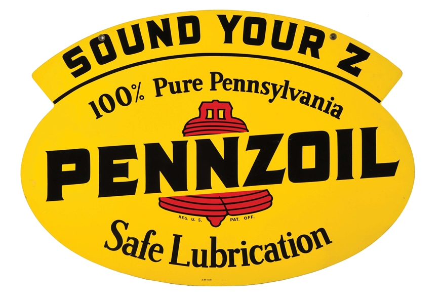 OUTSTANDING PENNZOIL "SOUND YOUR Z" PAINTED METAL SIGN W/ BELL GRAPHIC.