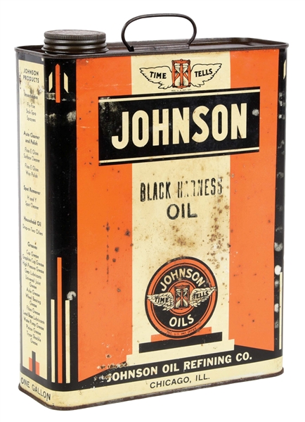 RARE JOHNSON OILS "BLACK HARNESS OIL" ONE GALLON CAN W/ WINGED HOURGLASS GRAPHIC.