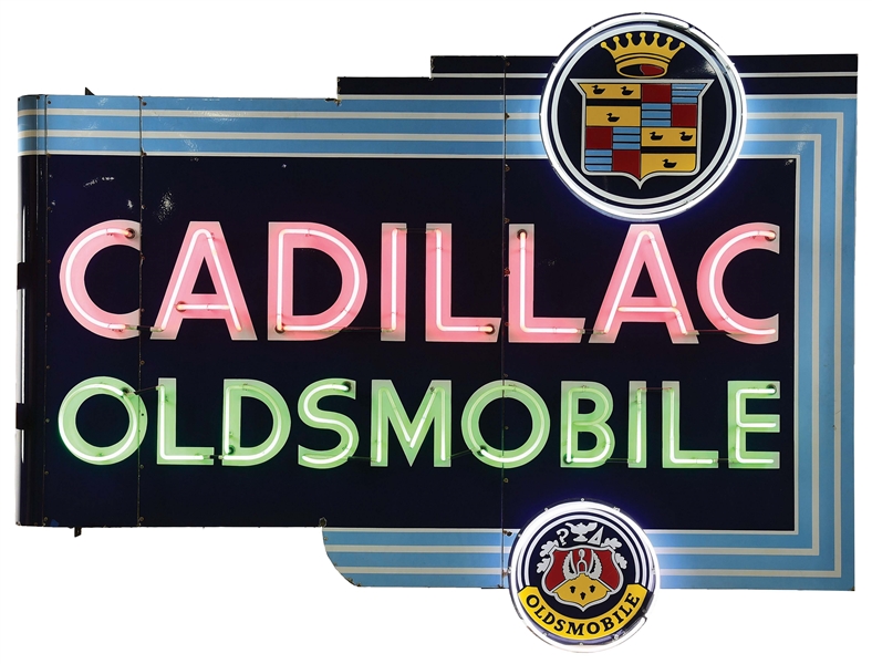 OUTSTANDING CADILLAC & OLDSMOBILE  DIE CUT PORCELAIN NEON SIGN W/ BULLNOSE ATTACHMENT. 