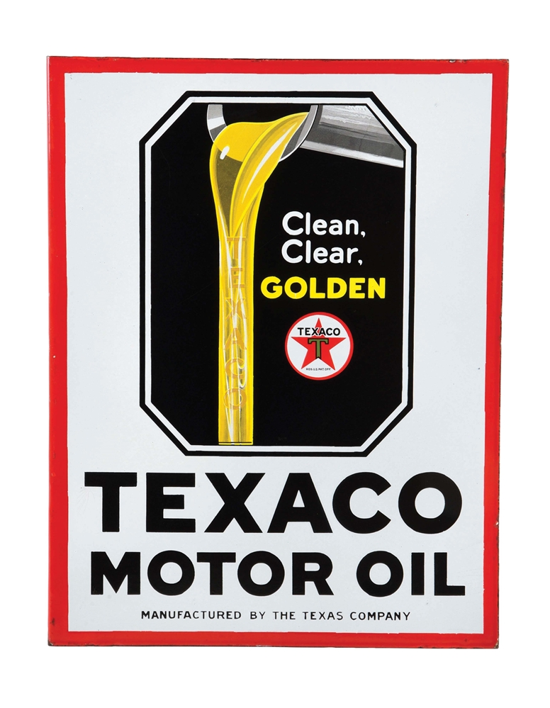 TEXACO MOTOR OIL PORCLEAIN FLANGE SIGN W/ OIL DRIP GRAPHIC.