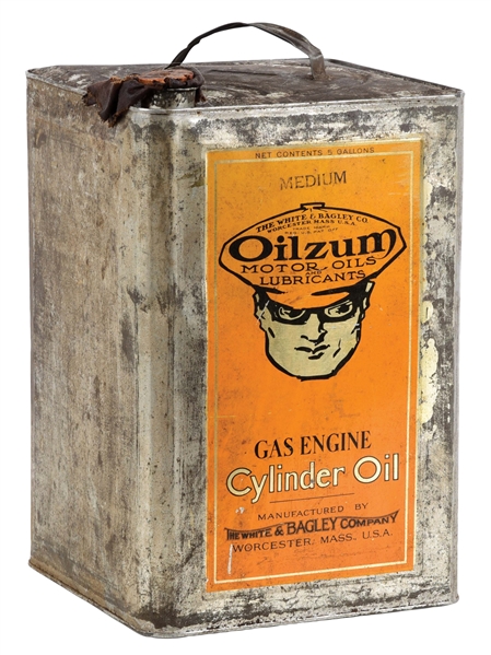 OILZUM MOTOR OILS GAS ENGINE CYLINDER OIL FIVE GALLON SQUARE CAN W/ OSWALD GRAPHIC.