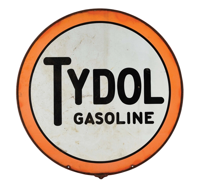 TYDOL GASOLINE PORCELAIN SERVICE STATION SIGN W/ ORIGINAL IRON RING. 