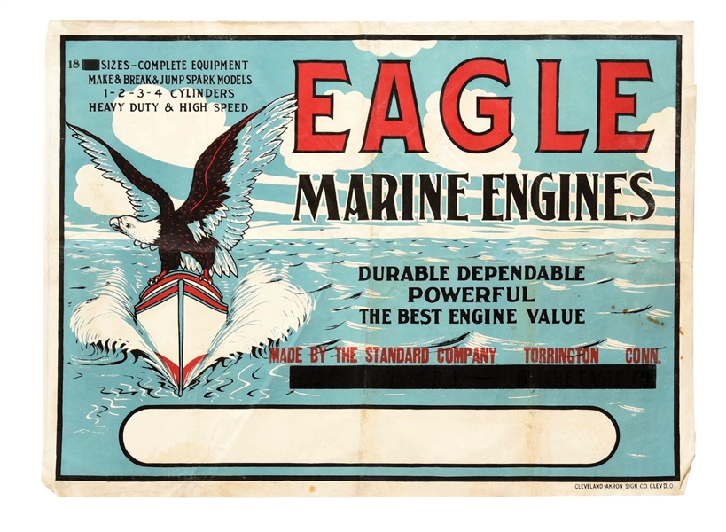 RARE & OUTSTANDING EAGLE MARINE ENGINES CLOTH ADVERTISING BANNER W/ BOAT & EAGLE GRAPHIC. 