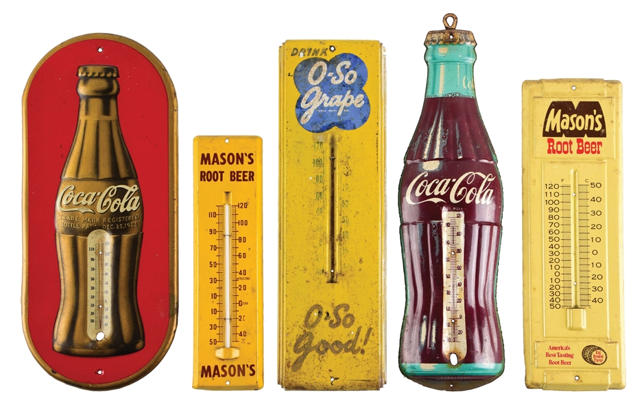 COLLECTION OF 5: COCA COLA & SODA POP TIN THERMOMETERS. 