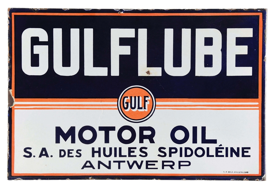 GULFLUBE MOTOR OIL PORCELAIN FLANGE SIGN.