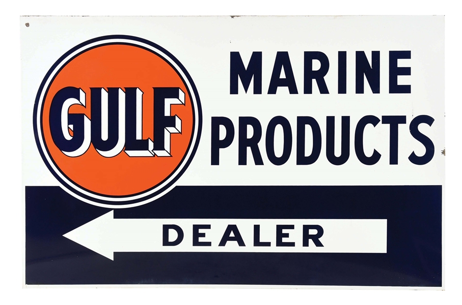 OUTSTANDING GULF MARINE PRODUCTS DEALER PORCELAIN SIGN W/ GULF DISC GRAPHIC. 