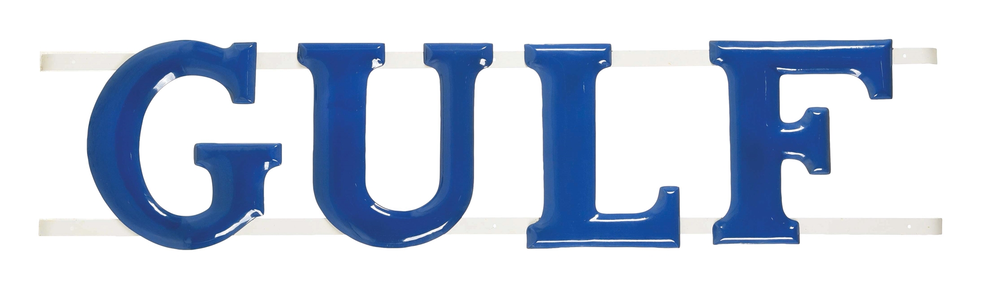 N.O.S. GULF SERVICE STATION PORCELAIN LETTERS W/ ORIGINAL HANGING CHANNEL. 