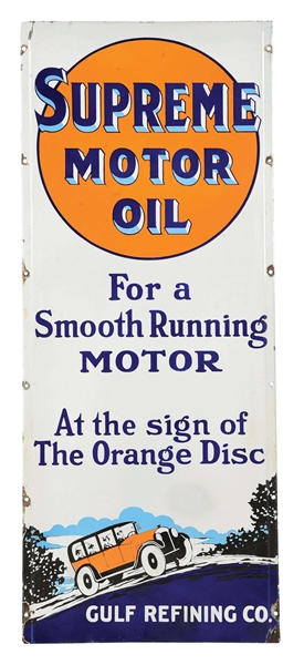 GULF SUPREME MOTOR OIL PORCELAIN LIGHTHOUSE SIGN W/ CAR GRAPHIC. 
