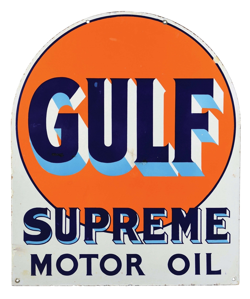 GULF SUPREME MOTOR OIL PORCELAIN SERVICE STATION TOMBSTONE SIGN. 