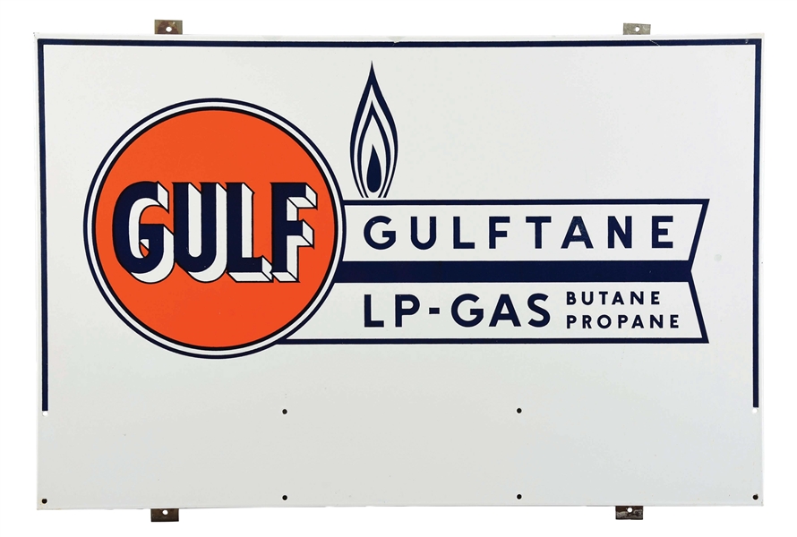 GULF GULFTANE LP-GAS BUTANE & PROPANE PORCELAIN SIGN W/ COOKIE CUTTER EDGE. 
