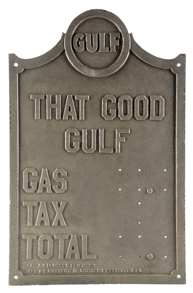 N.O.S. THAT GOOD GULF GASOLINE CAST IRON SERVICE STATION PRICER SIGN. 