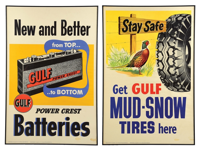 COLLECTION OF 2: GULF BATTERIES & TIRES FRAMED PAPER SERVICE STATION POSTERS. 