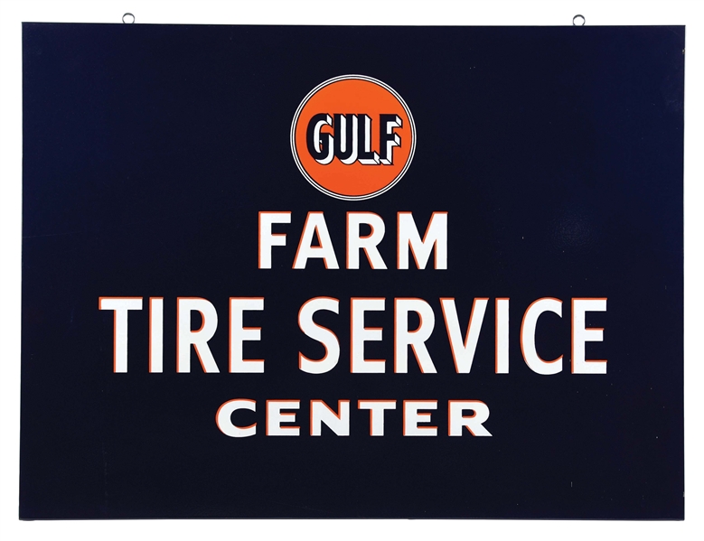 RARE GULF FARM TIRE SERVICE CENTER PORCELAIN SIGN W/ COOKIE CUTTER EDGE. 