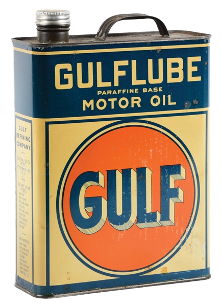 GULFLUBE MOTOR OIL ONE GALLON FLAT CAN W/ LARGE DISC GRAPHIC. 