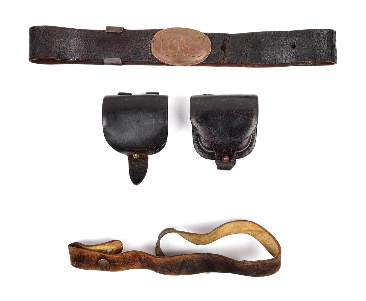 LOT OF 4: 2 CIVIL WAR CAP BOXES, ENLISTED BELT AND PLATE, AND DRAGOON SWORD HANGER.