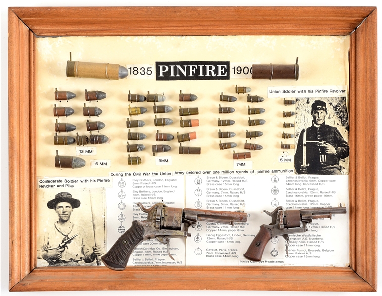 (A) PINFIRE CARTRIDGE DISPLAY WITH TWO CONTINENTAL PINFIRE REVOLVERS.