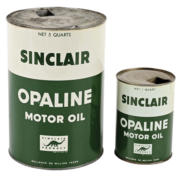 COLLECTION OF 2: SINCLAIR OPALINE MOTOR OIL ONE & FIVE QUART OIL CANS. 