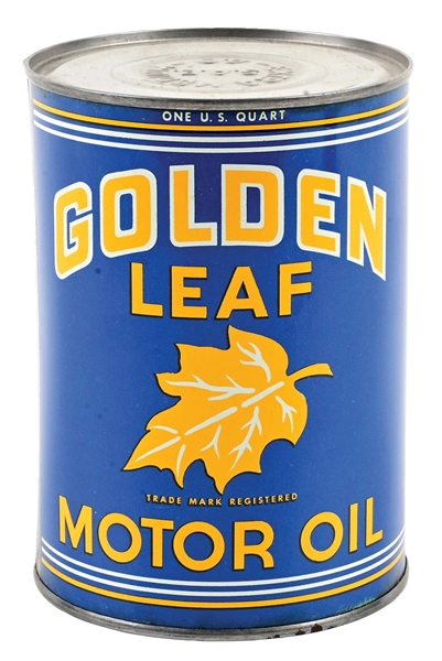 OUTSTANDING GOLDEN LEAF MOTOR OIL ONE QUART CAN W/ LEAF GRAPHIC. 