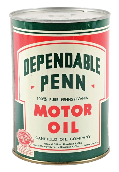 DEPENDABLE PENN MOTOR OIL ONE QUART CAN. 
