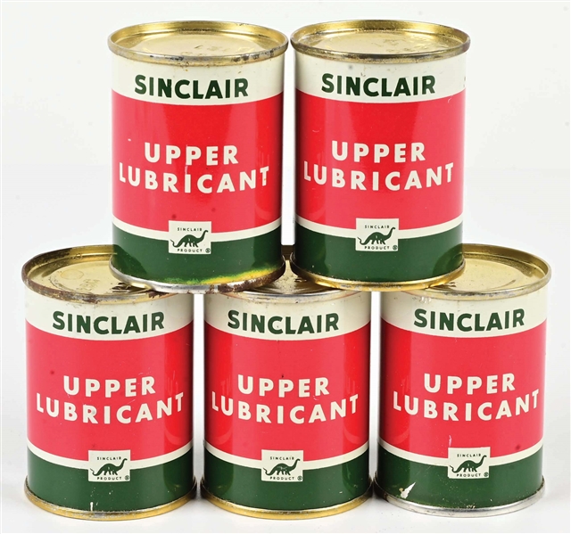 COLLECTION OF 5: N.O.S. SINCLAIR UPPER LUBRICANT CANS W/ DINO GRAPHIC. 