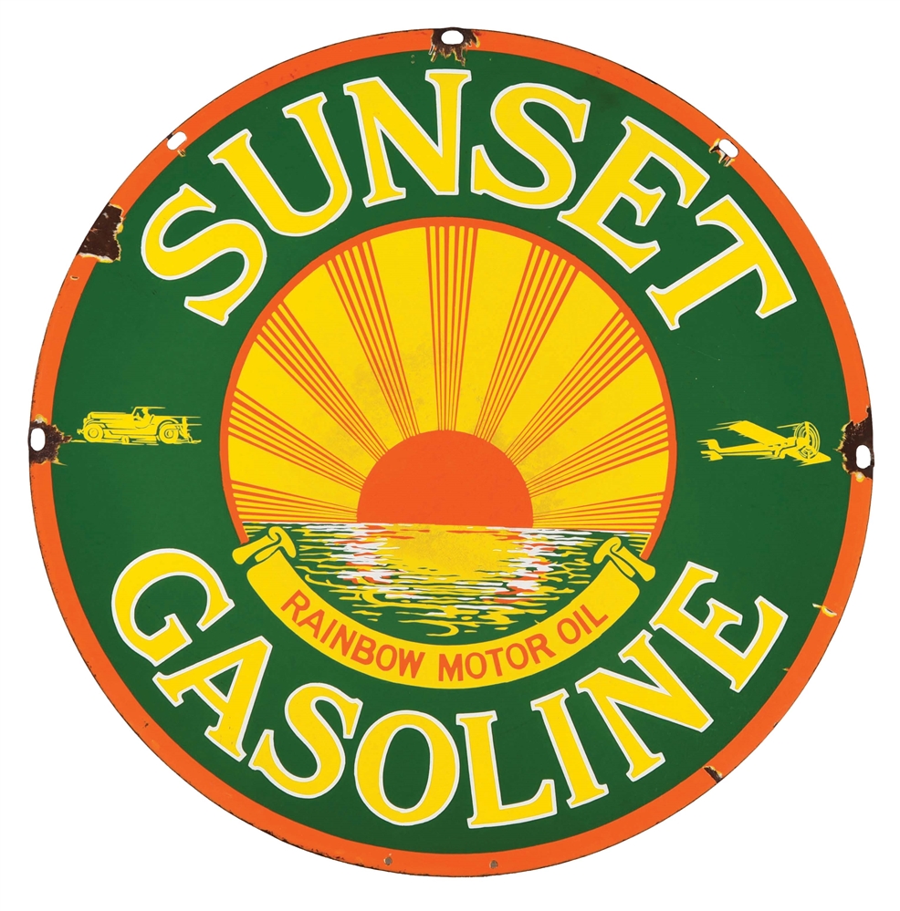 RARE & ICONIC SUNSET GASOLINE PORCELAIN SERVICE STATION SIGN W/ CAR & AIRPLANE GRAPHIC. 
