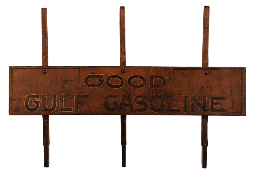 RARE GOOD GULF GASOLINE WOODEN DELIVERY TRUCK BED RAIL SIGN.