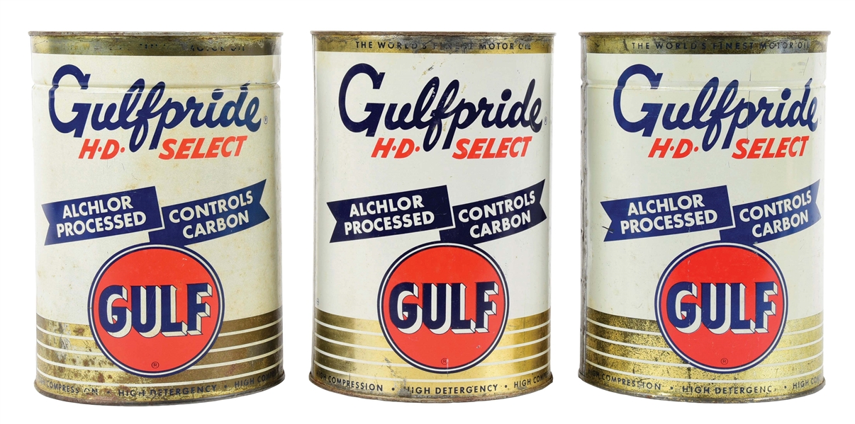COLLECTION OF 3 GULFPRIDE H.D. SELECT ALCHLOR SELECT CONTROLS CARBON 5 U.S. QUARTS CANS.