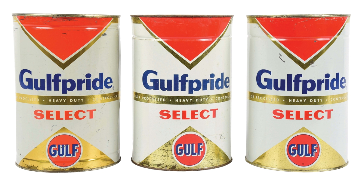 COLLECTION OF 3 GULFPRIDE SELECT 5 U.S. QUARTS OIL CANS.