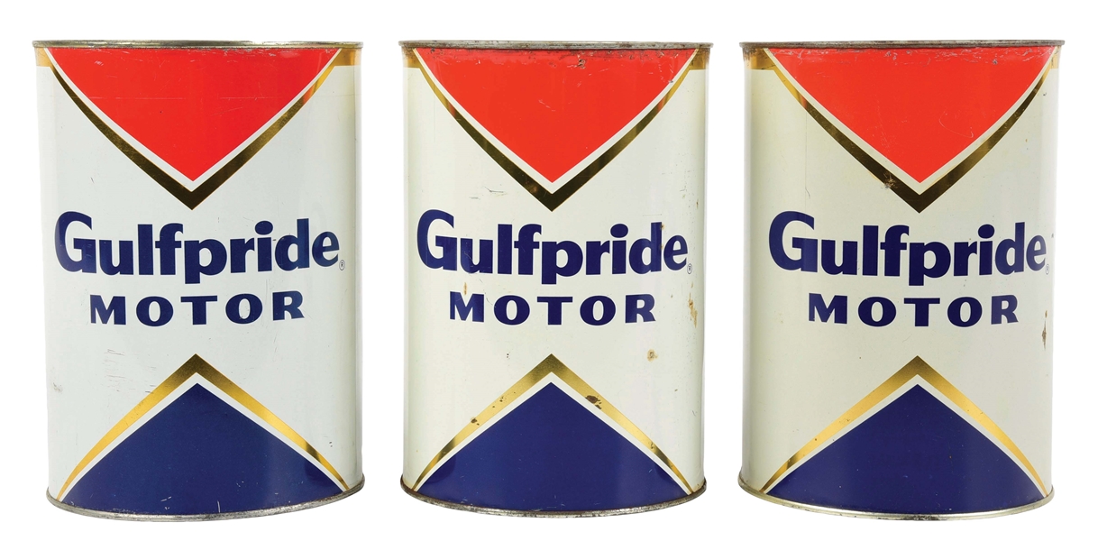 COLLECTION OF 3 GULFPRIDE MOTOR 5 U.S. QUARTS OIL CANS.