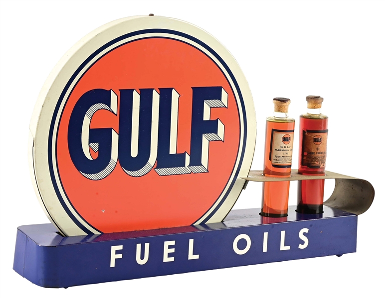 RARE GULF FUEL OIL TIN COUNTERTOP DISPLAY W/ SAMPLE OIL BOTTLES. 